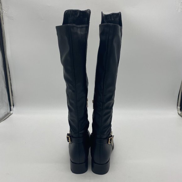 Black Round Toe Pull On Studs Low Stacked Heel Knee High Boots - Picture 5 of 10